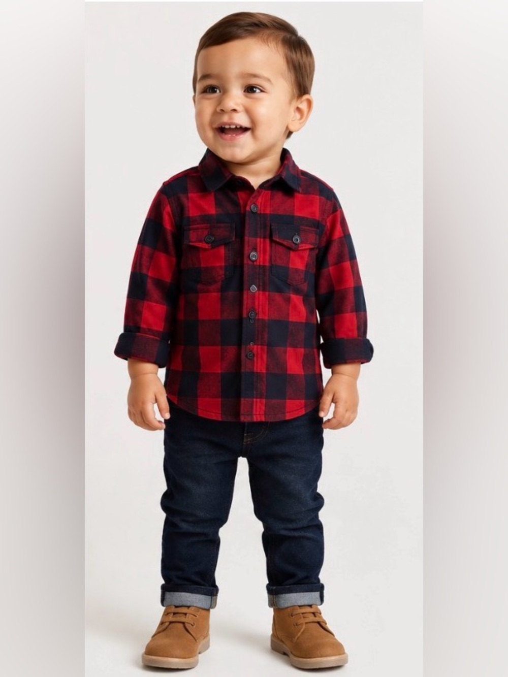 H&M Boys Red & Navy Buffalo Plaid Shirt | 12–18M